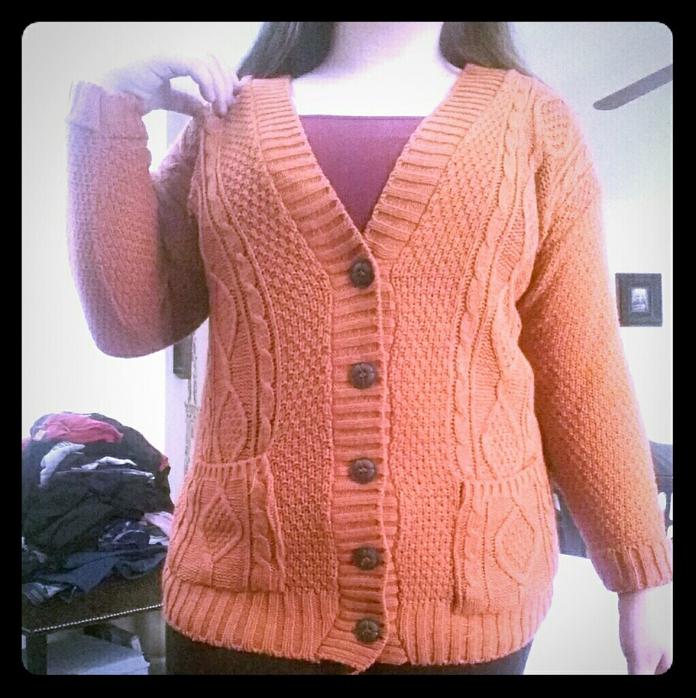 Pale Orange Knitted Button Up Sweater